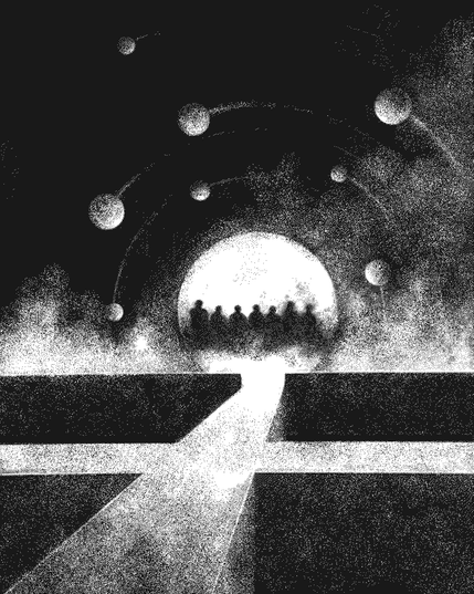 English

    A high-contrast black and white pointillist drawing featuring a textured, granular style. In the foreground, a bright path in perspective cuts through dark geometric blocks, leading toward a large, glowing white dome or disc. Inside this light source, the dark silhouettes of a group of standing figures are visible. Above the dome, several textured planetary spheres orbit along concentric circular arcs against a black sky filled with cosmic dust and nebulae.

Français

    Un dessin en noir et blanc à fort contraste, réalisé avec une technique de pointillisme et de textures granuleuses. Au premier plan, un chemin lumineux en perspective traverse des blocs géométriques sombres et mène vers un grand dôme ou disque de lumière blanche. À l'intérieur de cette source lumineuse se détachent les silhouettes sombres d'un groupe de personnes debout. Au-dessus du dôme, plusieurs sphères planétaires texturées gravitent le long d'arcs d'orbites concentriques sur fond de ciel noir