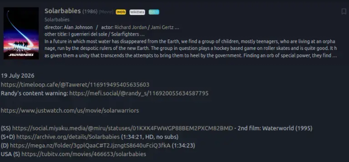 Screenshot of the entry for Solarbabies (1986) in the #Monsterdon collection on Eggplant.place, bleeding edge instance of NeoDB, media cataloguing platform & fediverse alternative to Letterboxd, Goodreads, RateMyMusic etc