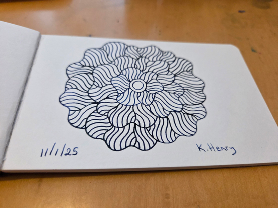 Hand drawn generative/procedural art in ink on an open page of my sketchbook. The abstract pattern is floral. 