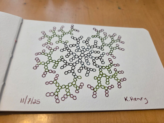 Hand drawn generative/procedural art in ink on an open page of my sketchbook. The pattern is difficult to describe.
