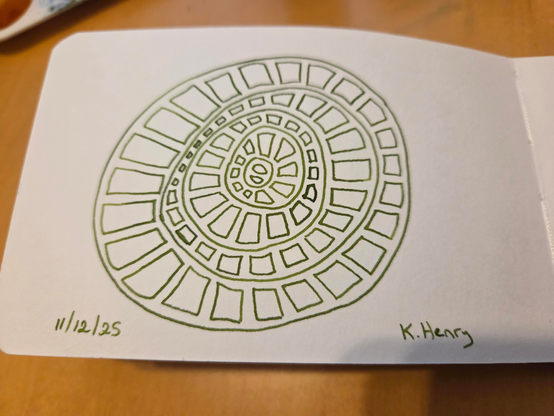 Hand drawn generative/procedural art in ink on an open page of my sketchbook. The abstract pattern has concentric irregular ovals with square-ish shapes in each ring.  Difficult to describe.