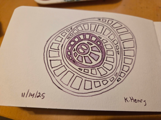 Hand drawn generative/procedural art in ink on an open page of my sketchbook. The abstract pattern has concentric irregular ovals with  rectangles and squares in them.