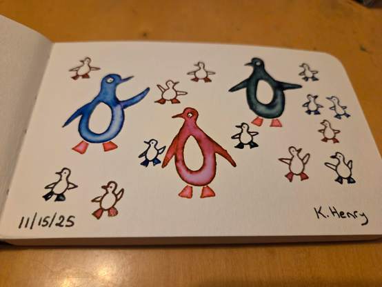Hand drawn generative/procedural art in ink on an open page of my sketchbook. The abstract pattern has what looks like three adult penguins and a bunch of baby penguins in different colors.