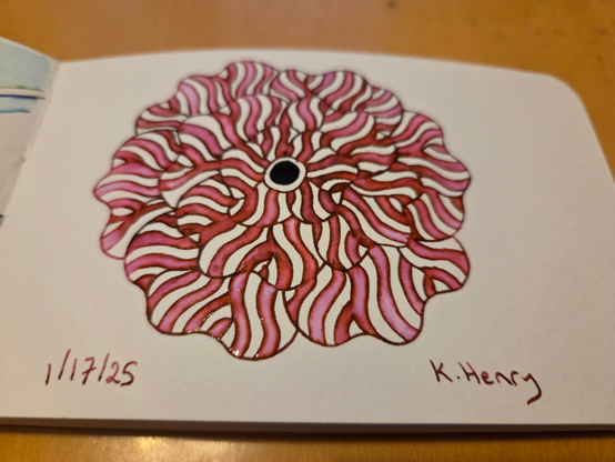 Hand drawn generative/procedural art in ink on an open page of my sketchbook. The abstract pattern is floral.