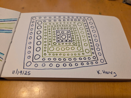 Hand drawn generative/procedural art in ink on an open page of my sketchbook. The abstract pattern is made of nested squares with circles filling the gaps between the lines of the squares.