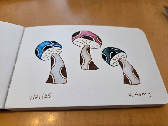 Hand drawn generative/procedural art in ink on an open page of my sketchbook. The abstract pattern looks a bit like three mushrooms with polka dots on the stems and caps.