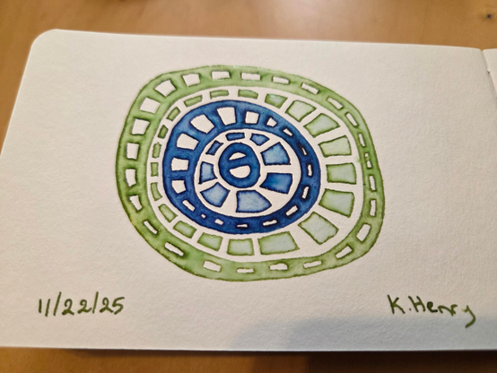 Hand drawn generative/procedural art in ink on an open page of my sketchbook. The abstract pattern has concentric irregular circles with rectangles in them.
