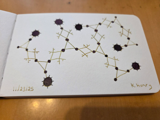Hand drawn generative/procedural art in ink on an open page of my sketchbook. The abstract pattern is made of lines and circles and is hard to describe.