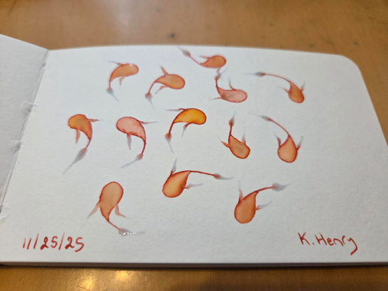 Hand drawn generative/procedural art in ink on an open page of my sketchbook. The abstract pattern looks a bit like a bunch of cute little fish swimming or dancing in a spiral.
