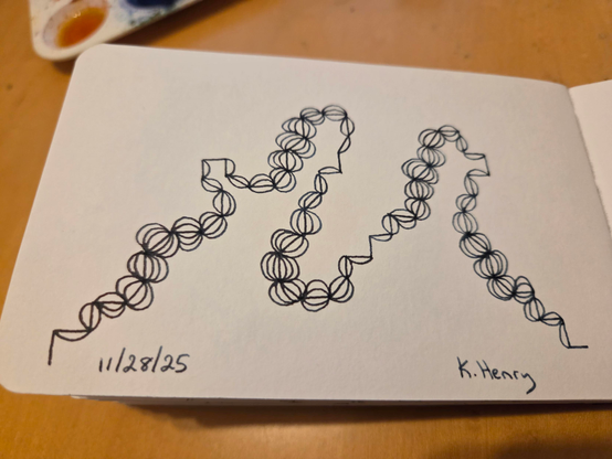Hand drawn generative/procedural art in ink on an open page of my sketchbook. The abstract pattern is difficult to describe but kinda looks like a broken hair scrunci.