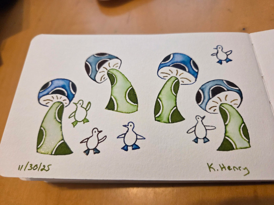 Hand drawn generative/procedural art in ink on an open page of my sketchbook. The abstract pattern looks a bit like some baby penguins and some mushrooms. The mushrooms have polka dots on stems and caps.