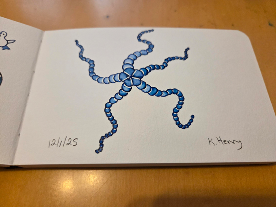 Hand drawn generative/procedural art in ink on an open page of my sketchbook. The abstract pattern looks a bit like a dancing starfish.