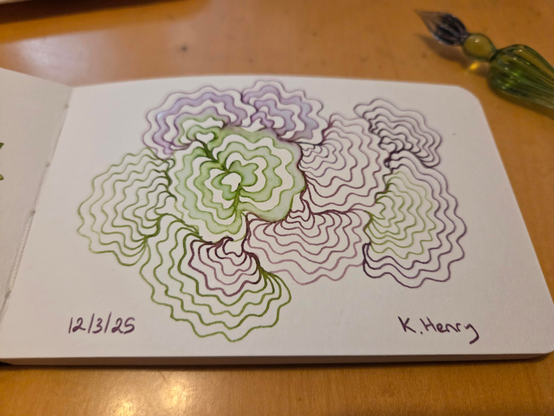 Hand drawn generative/procedural art in ink on an open page of my sketchbook. The abstract pattern is inspired by turkey tail mushrooms and has lots of wavy curved lines. My glass dipping pen is next to my sketchbook.