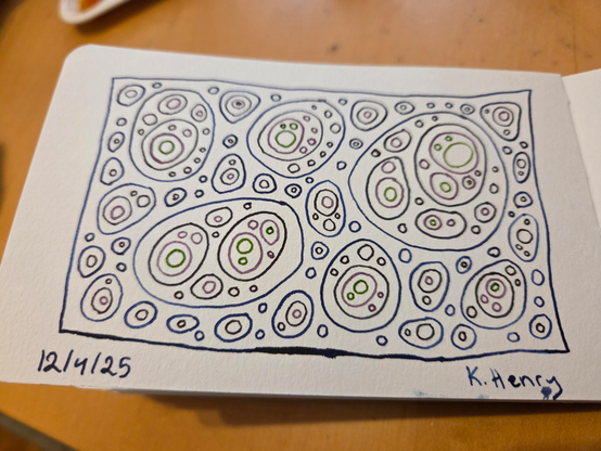 Hand drawn generative/procedural art in ink on an open page of my sketchbook. The abstract pattern has nested irregular circular shapes bound by a large rectangle.