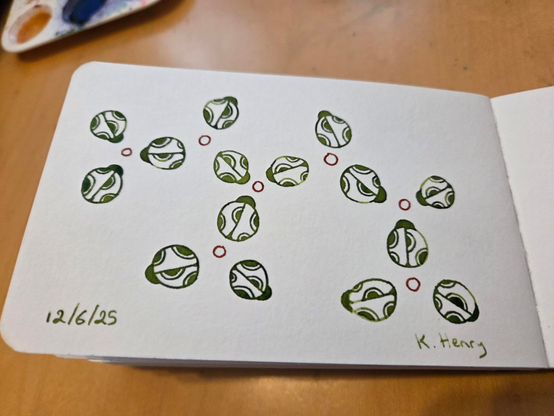 Hand drawn generative/procedural art in ink on an open page of my sketchbook. The abstract pattern looks a bit like a network graph with ladybugs instead of straight lines.