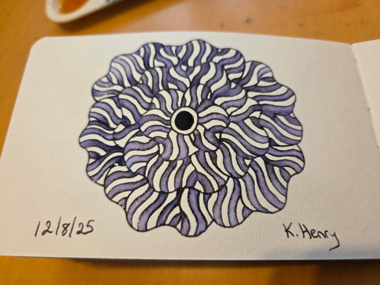 Hand drawn generative/procedural art in ink on an open page of my sketchbook. The abstract pattern is floral.