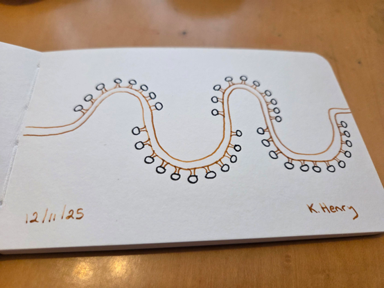 Hand drawn generative/procedural art in ink on an open page of my sketchbook. The abstract pattern looks a bit like an organic sin curve with little mushrooms on the outer edges. Yeah, it's hard to describe.