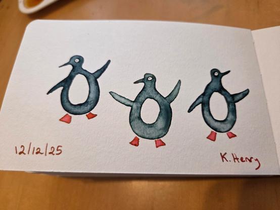 Hand drawn generative/procedural drawing in ink on an open page of my sketchbook. The abstract pattern looks like three dancing penguins.
