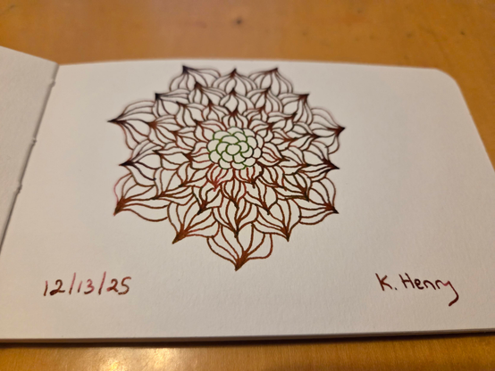 Hand drawn generative/procedural art in ink on an open page of my sketchbook. The abstract pattern is floral.