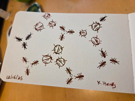 Hand drawn generative/procedural art in ink on an open page of my sketchbook. The abstract pattern looks a bit like a chemistry diagram drawn with ladybugs and ants.