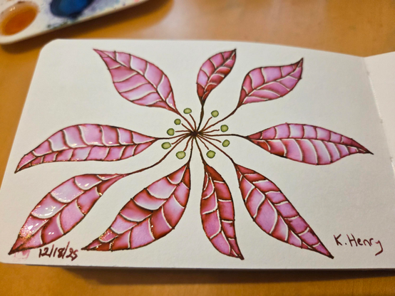 Hand drawn generative/procedural art in ink on an open page of my sketchbook. The abstract pattern is floral.