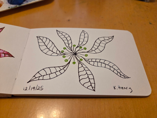 Hand drawn generative/procedural art in ink on an open page of my sketchbook. The abstract pattern looks a bit like a flower.