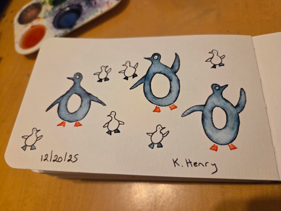 hand drawn generative/procedural art in ink on an open page of my sketchbook. The abstract patterns looks a bit like a scattering of baby and adult penguins.