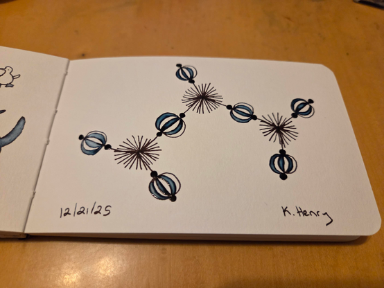 Hand drawn generative/procedural art in ink on an open page of my sketchbook. The abstract pattern looks a bit like a chemistry diagram made of fancy beads.