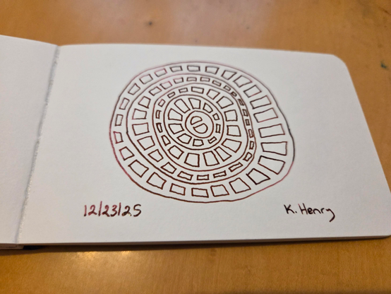 Hand drawn generative/procedural art in ink on an open page of my sketchbook. The abstract pattern had concentric irregular circles with squarish shaped in each ring.