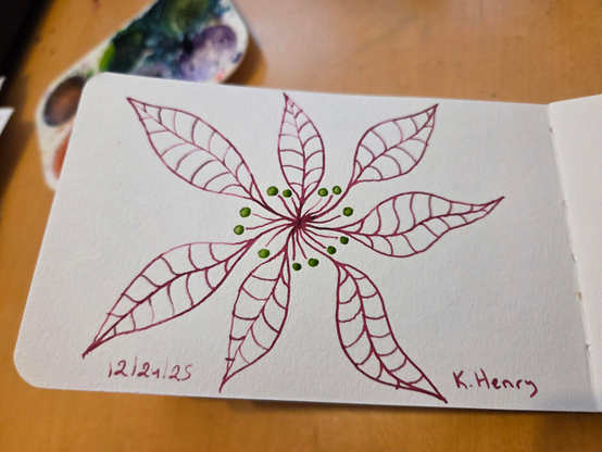 Hand drawn generative/procedural art in ink on an open page of my sketchbook. The abstract pattern is floral.