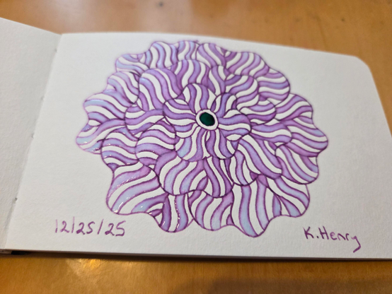 Hand drawn generative/procedural art in ink on an open page of my sketchbook. The abstract pattern is floral.