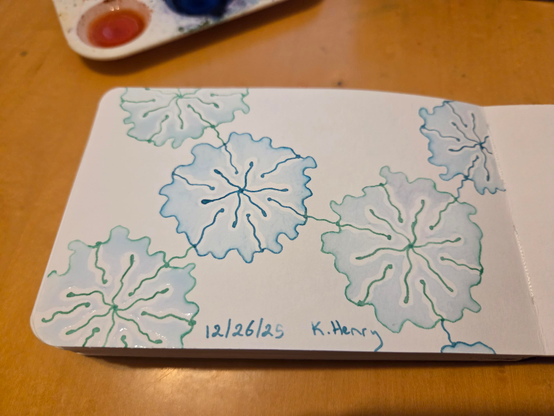 Hand drawn generative/procedural art in ink on an open page of my sketchbook. the abstract pattern looks a bit like a chemistry diagram made with flowers.