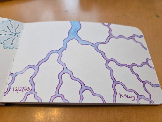 Hand drawn generative/procedural art in ink on an open page of my sketchbook. The abstract pattern is a simple branching fractal.