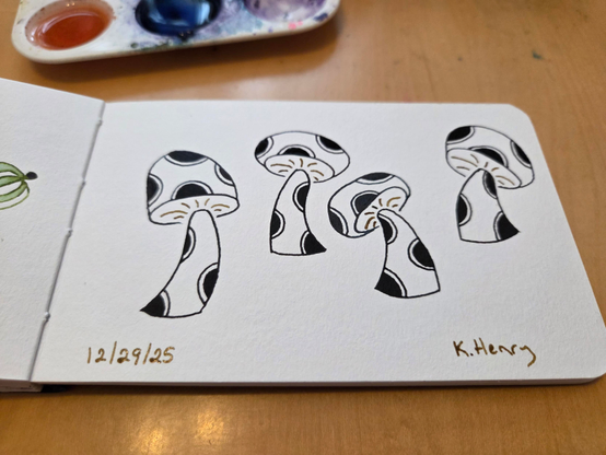 Hand drawn generative/procedural art in ink on an open page of my sketchbook. The abstract pattern looks like mushrooms with polka dots on the stems and caps.