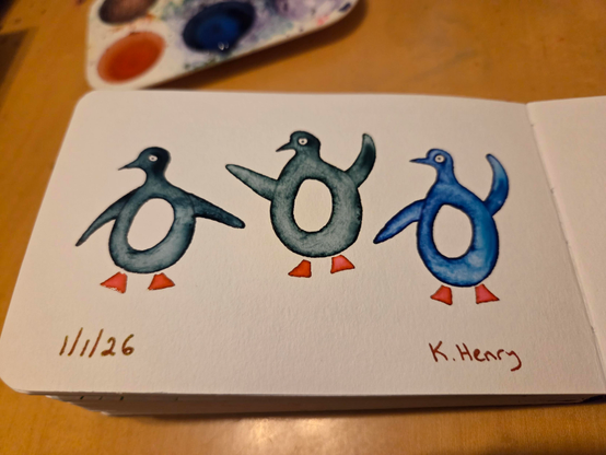Hand drawn generative/procedural art in ink on an open page of my sketchbook.  The abstract pattern looks like three penguins with a bit of attitude.