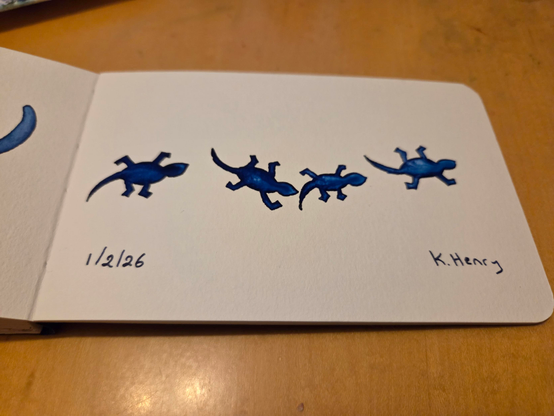 Hand drawn generative/procedural art in ink on an open page of my sketchbook. The abstract pattern looks like lizards walking across the page.