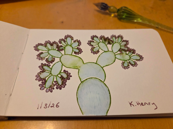 Hand drawn generative/procedural art in ink on an open page of my sketchbook. The abstract pattern looks a bit like a weird and blobby prickly pear cactus. My glass dipping pen is next to my sketchbook.