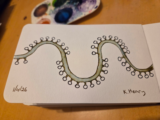 Hand drawn generative/procedural art in ink on an open page of my sketchbook. The abstract pattern looks a bit like a curvy stem with little mushrooms on the outside curves.