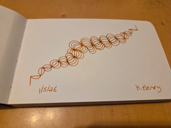 Hand drawn generative/procedural art in ink on an open page of my sketchbook. The abstract pattern looks a bit like a broken hair scrunci or a weird worm.