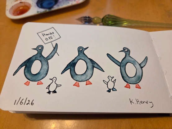Hand drawn generative/procedural art in ink on an open page of my sketchbook. The abstract pattern looks like angry penguins with baby penguins. One is holding a protest sign that says "Hands off!"