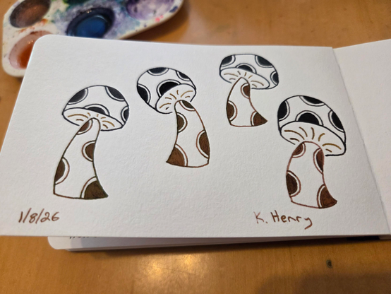 Hand drawn generative/procedural art in ink on an open page of my sketchbook. The abstract pattern looks like mushrooms with polka dots on the stems and caps.