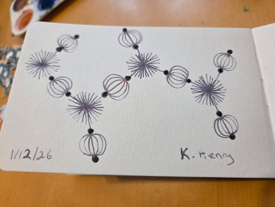 Hand drawn generative/procedural art in ink on an open page of my sketchbook. The abstract pattern looks a bit like a chemistry diagram made of beads.