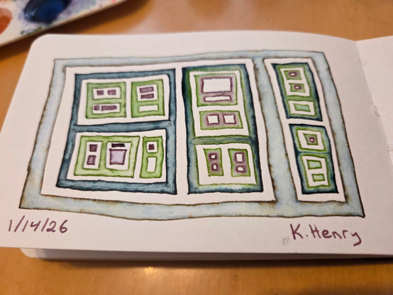 Hand drawn generative/procedural art in ink on an open page of my sketchbook. The abstract pattern has irregular nested boxes.