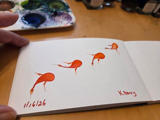 Hand drawn generative/procedural art in ink on an open page of my sketchbook. The abstract pattern looks like fish swimming across the page. Some of my inks are near my sketchbook.