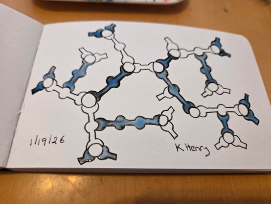 Hand drawn generative/procedural art in ink on an open page of my sketchbook. The abstract pattern looks a bit like a weird construction toy.