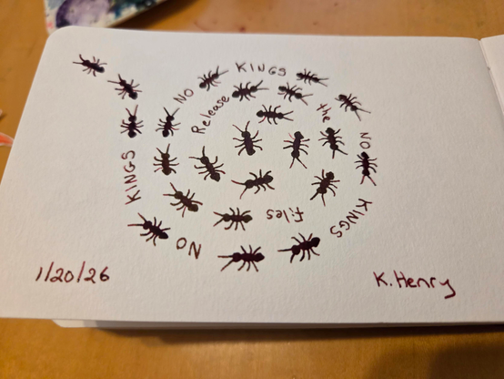 Hand drawn generative/procedural art in ink on an open page of my sketchbook. The abstract pattern looks like a spiral of ants with words between and following along the curving path of the ants. The words are "Release the files" and "NO KINGS"