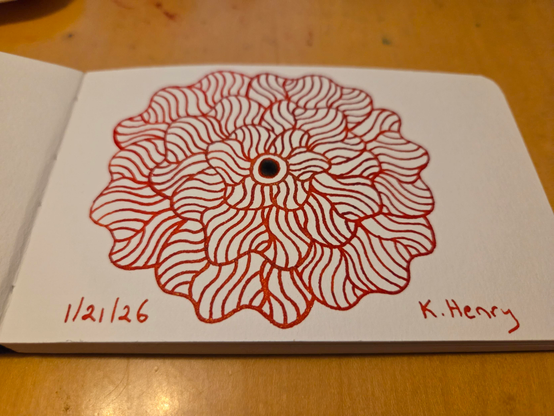 Hand drawn generative/procedural art in ink on an open page of my sketchbook. The abstract pattern is floral.