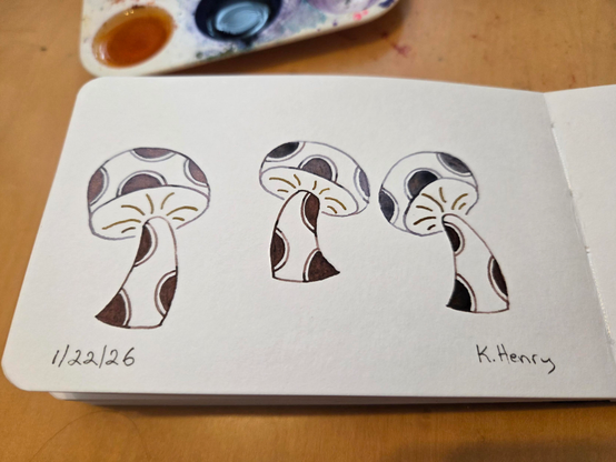 Hand drawn generative/procedural art in ink on an open page of my sketchbook. The abstract pattern looks like mushrooms with polka dots on the stems and caps.