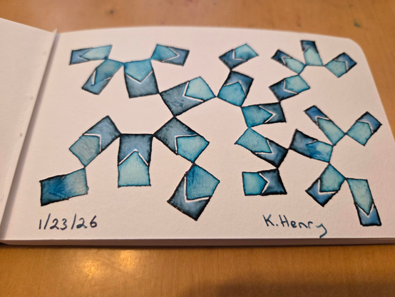 Hand drawn generative/procedural art in ink on an open page of my sketchbook. The abstract pattern is inspired by the Minnesota state flag.