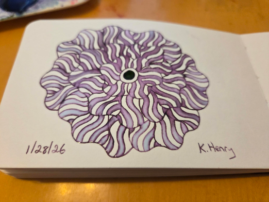 Hand drawn generative/procedural art in ink on an open page of my sketchbook. The abstract pattern is floral.